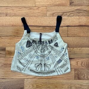 Stradivarius - Women’s Cream and Black Beaded Crop Top - Small